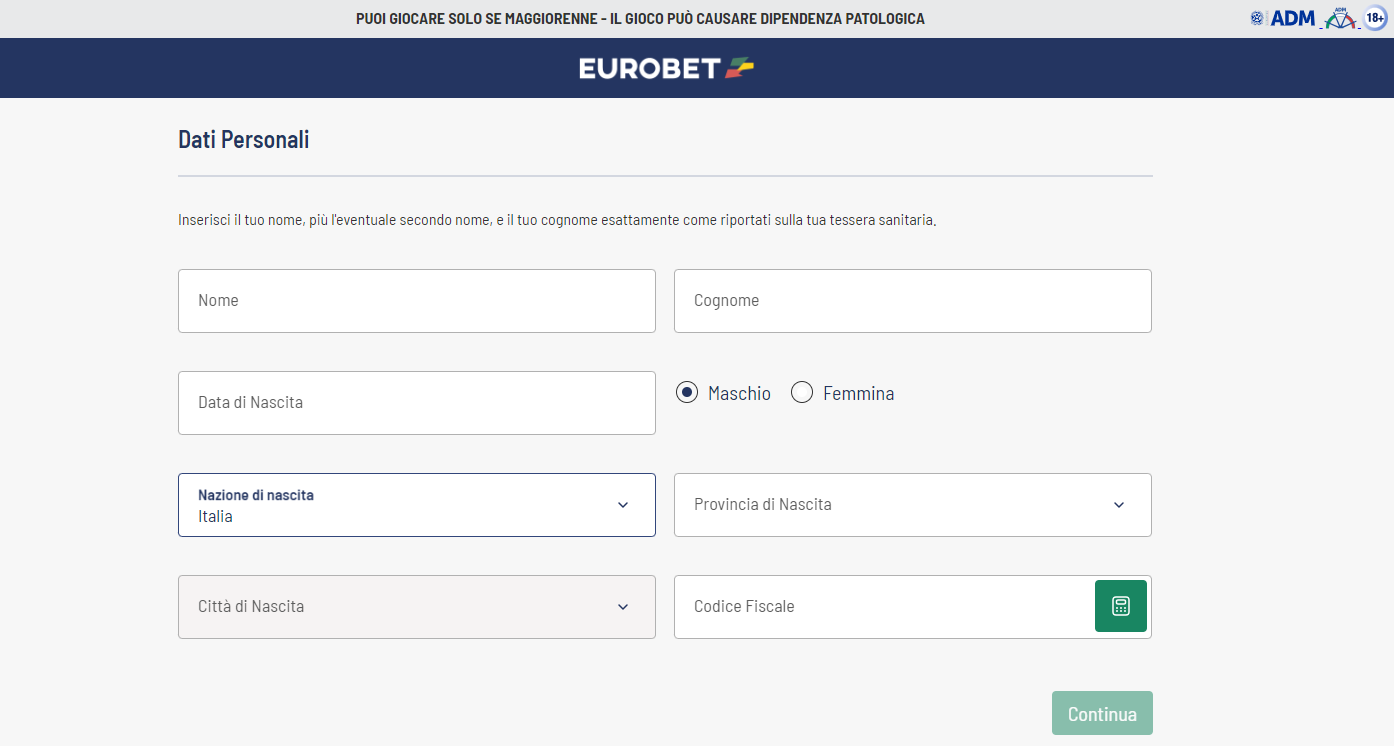 Schermata di iscrizione al sito eurobet.