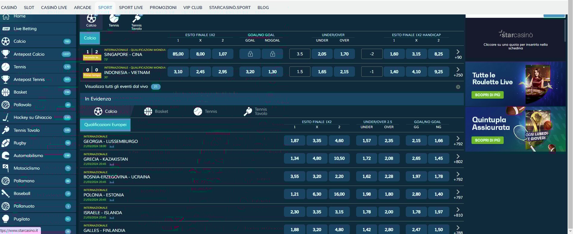 Screenshot palinsesto starcasino